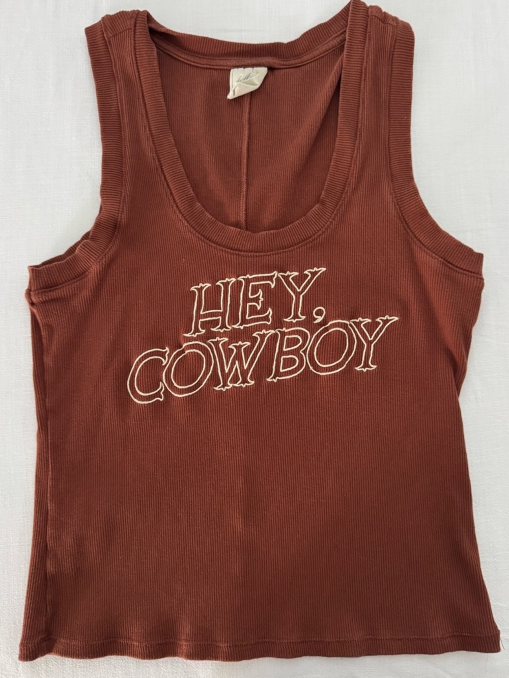 White Crow Rust Brown 'HEY, COWBOY' Ribbed Tank Top